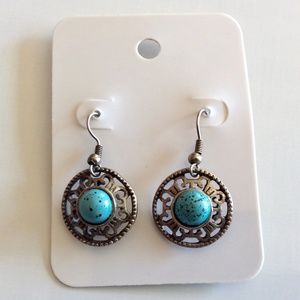Vintage Faux Turquoise Antique Silver Dangle Drop Hooks Earrings